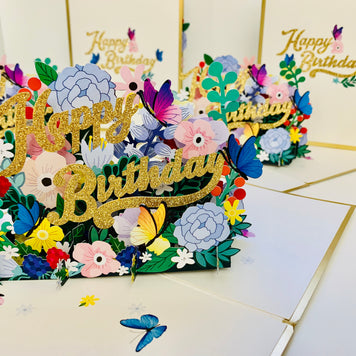 Luxury Gold Happy Birthday with Spring Garden & Butterfly Origami Pop Cards 3D Pop Up Greeting Card Thank You Handmade Gift Thinking of You Happy Birthday Occasion Australiana Celebrate the Beauty and Happiness During Special Day Best Wishes Gift