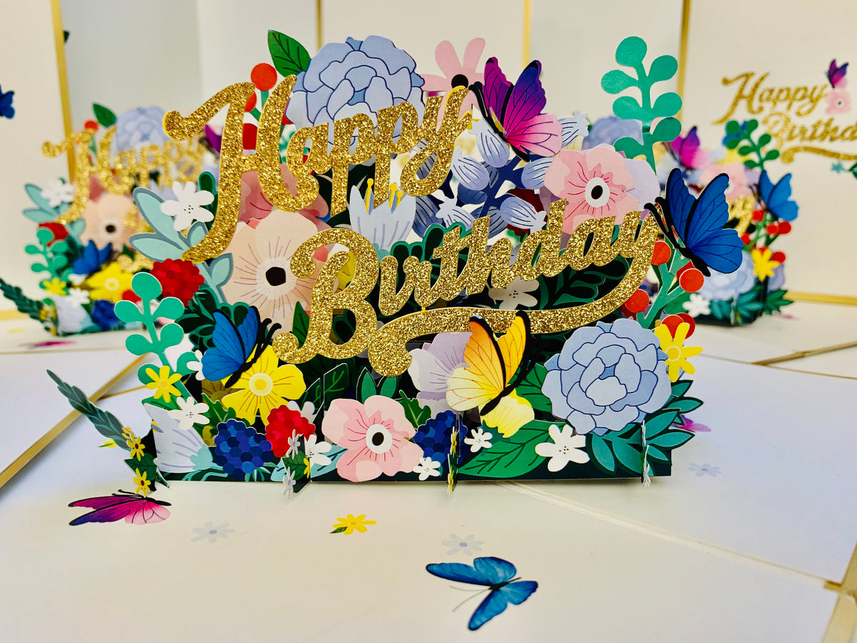 Luxury Gold Happy Birthday with Spring Garden & Butterfly Origami Pop Cards 3D Pop Up Greeting Card Thank You Handmade Gift Thinking of You Happy Birthday Occasion Australiana Celebrate the Beauty and Happiness During Special Day Best Wishes Gift