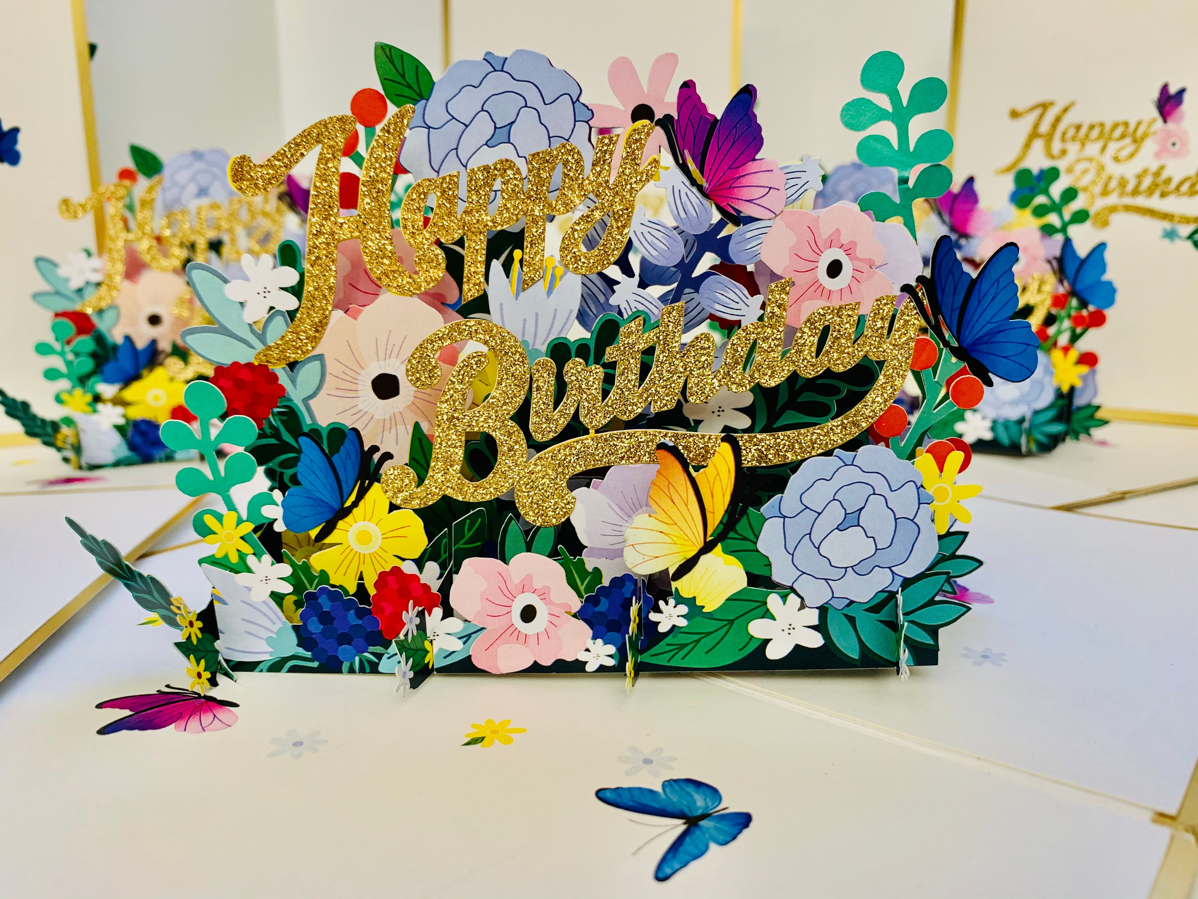 Luxury Gold Happy Birthday with Spring Garden & Butterfly Origami Pop Cards 3D Pop Up Greeting Card Thank You Handmade Gift Thinking of You Happy Birthday Occasion Australiana Celebrate the Beauty and Happiness During Special Day Best Wishes Gift