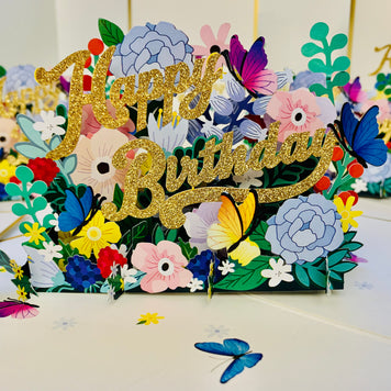 Luxury Gold Happy Birthday with Spring Garden & Butterfly Origami Pop Cards 3D Pop Up Greeting Card Thank You Handmade Gift Thinking of You Happy Birthday Occasion Australiana Celebrate the Beauty and Happiness During Special Day Best Wishes Gift