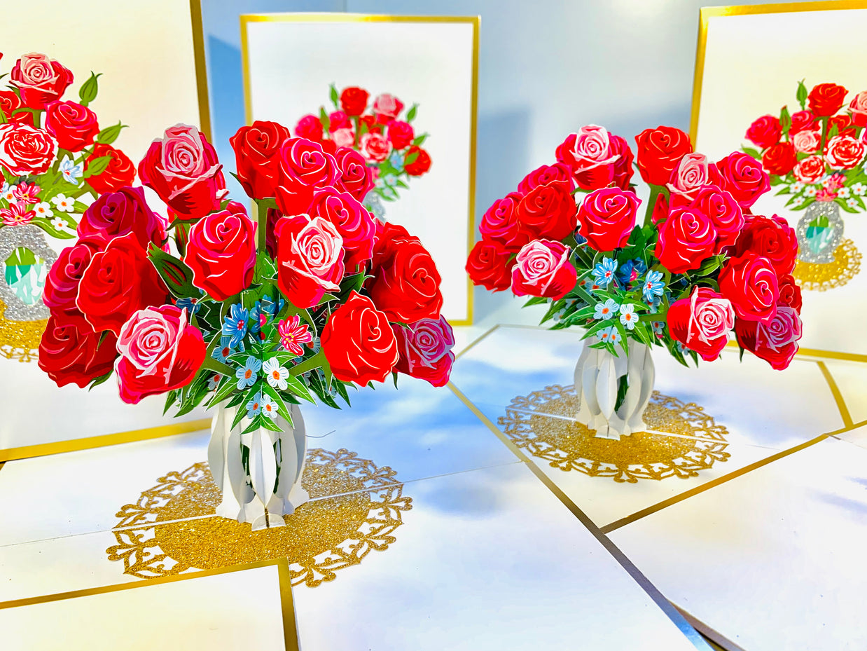 Luxury Sensational Bouquet of Red & Pink Roses in a Vase Embossed in Gold Origami Pop Cards 3D Pop Up Greeting Card Happy Birthday Thank You Handmade Gift Thinking of You Blank Card for Any Occasion Happy Mother's Day Happy Father's Australiana Romantic