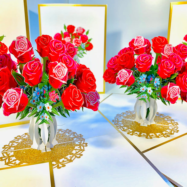 Luxury Sensational Bouquet of Red & Pink Roses in a Vase Embossed in Gold Origami Pop Cards 3D Pop Up Greeting Card Happy Birthday Thank You Handmade Gift Thinking of You Blank Card for Any Occasion Happy Mother's Day Happy Father's Australiana Romantic