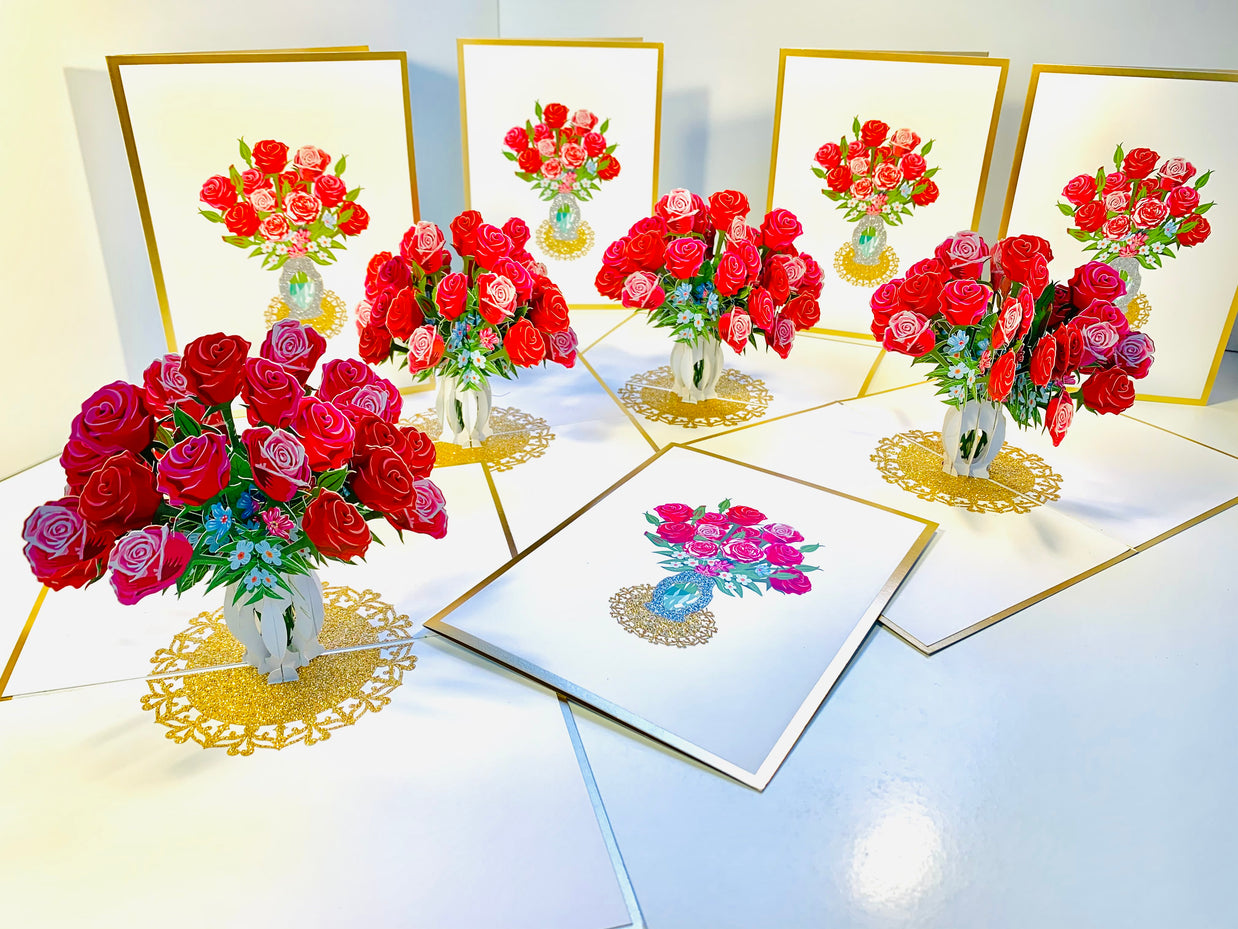 Luxury Sensational Bouquet of Red & Pink Roses in a Vase Embossed in Gold Origami Pop Cards 3D Pop Up Greeting Card Happy Birthday Thank You Handmade Gift Thinking of You Blank Card for Any Occasion Happy Mother's Day Happy Father's Australiana Romantic