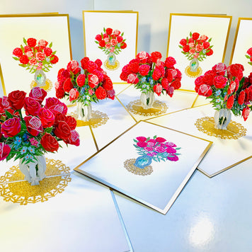 Luxury Sensational Bouquet of Red & Pink Roses in a Vase Embossed in Gold Origami Pop Cards 3D Pop Up Greeting Card Happy Birthday Thank You Handmade Gift Thinking of You Blank Card for Any Occasion Happy Mother's Day Happy Father's Australiana Romantic