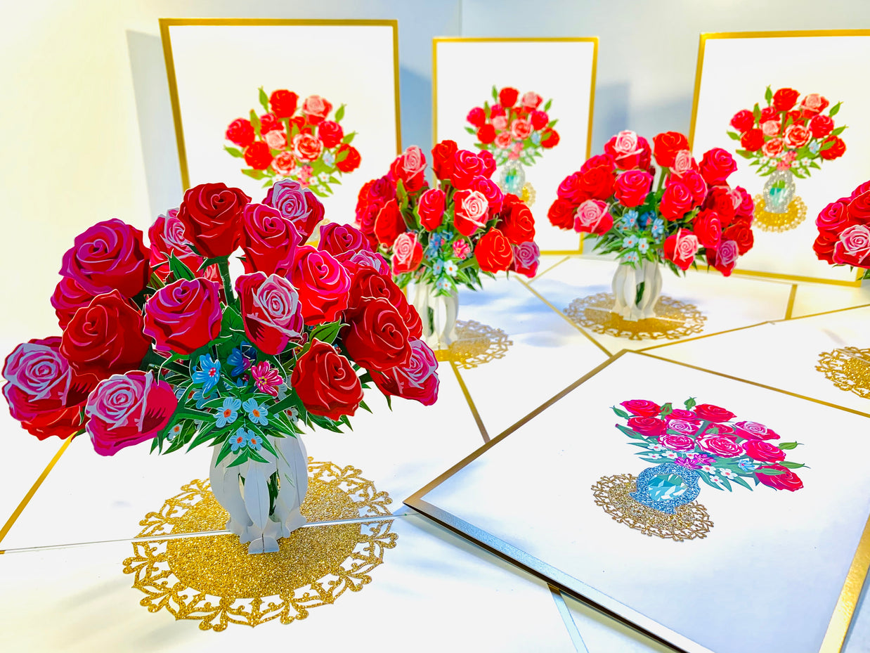 Luxury Sensational Bouquet of Red & Pink Roses in a Vase Embossed in Gold Origami Pop Cards 3D Pop Up Greeting Card Happy Birthday Thank You Handmade Gift Thinking of You Blank Card for Any Occasion Happy Mother's Day Happy Father's Australiana Romantic