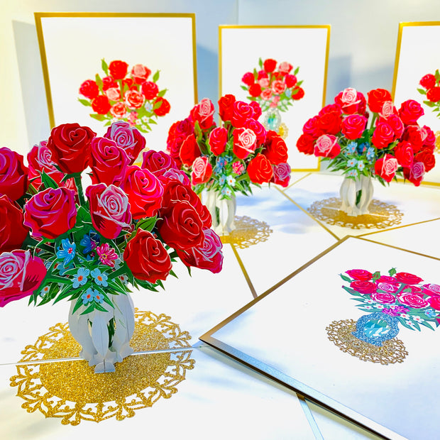 Luxury Sensational Bouquet of Red & Pink Roses in a Vase Embossed in Gold Origami Pop Cards 3D Pop Up Greeting Card Happy Birthday Thank You Handmade Gift Thinking of You Blank Card for Any Occasion Happy Mother's Day Happy Father's Australiana Romantic