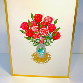 Luxury Sensational Bouquet of Red & Pink Roses in a Vase Embossed in Gold Origami Pop Cards 3D Pop Up Greeting Card Happy Birthday Thank You Handmade Gift Thinking of You Blank Card for Any Occasion Happy Mother's Day Happy Father's Australiana Romantic