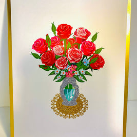 Luxury Sensational Bouquet of Red & Pink Roses in a Vase Embossed in Gold Origami Pop Cards 3D Pop Up Greeting Card Happy Birthday Thank You Handmade Gift Thinking of You Blank Card for Any Occasion Happy Mother's Day Happy Father's Australiana Romantic