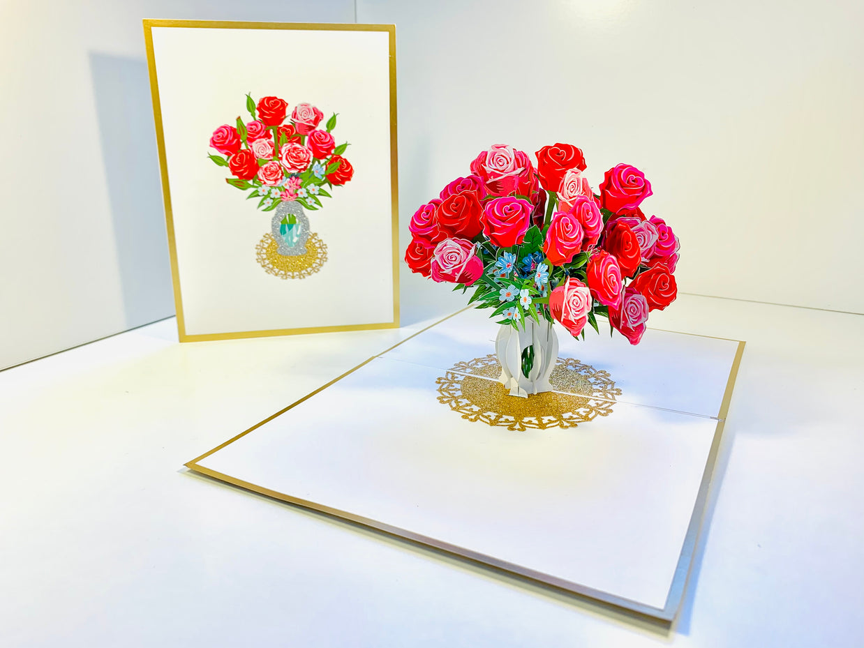 Luxury Sensational Bouquet of Red & Pink Roses in a Vase Embossed in Gold Origami Pop Cards 3D Pop Up Greeting Card Happy Birthday Thank You Handmade Gift Thinking of You Blank Card for Any Occasion Happy Mother's Day Happy Father's Australiana Romantic