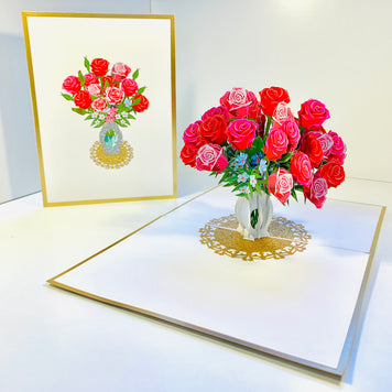Luxury Sensational Bouquet of Red & Pink Roses in a Vase Embossed in Gold Origami Pop Cards 3D Pop Up Greeting Card Happy Birthday Thank You Handmade Gift Thinking of You Blank Card for Any Occasion Happy Mother's Day Happy Father's Australiana Romantic