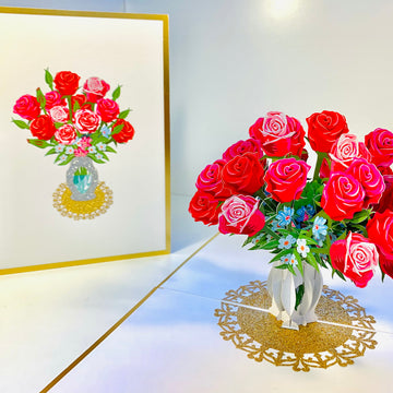 Luxury Sensational Bouquet of Red & Pink Roses in a Vase Embossed in Gold Origami Pop Cards 3D Pop Up Greeting Card Happy Birthday Thank You Handmade Gift Thinking of You Blank Card for Any Occasion Happy Mother's Day Happy Father's Australiana Romantic