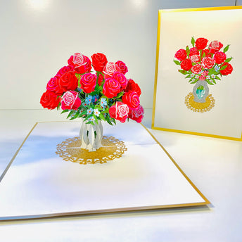 Luxury Sensational Bouquet of Red & Pink Roses in a Vase Embossed in Gold Origami Pop Cards 3D Pop Up Greeting Card Happy Birthday Thank You Handmade Gift Thinking of You Blank Card for Any Occasion Happy Mother's Day Happy Father's Australiana Romantic