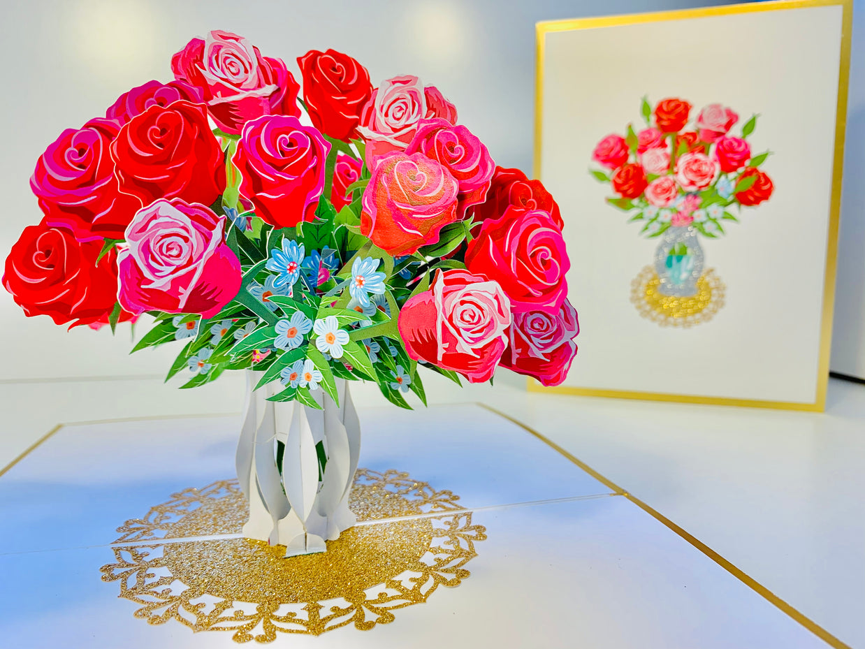 Luxury Sensational Bouquet of Red & Pink Roses in a Vase Embossed in Gold Origami Pop Cards 3D Pop Up Greeting Card Happy Birthday Thank You Handmade Gift Thinking of You Blank Card for Any Occasion Happy Mother's Day Happy Father's Australiana Romantic