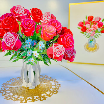 Luxury Sensational Bouquet of Red & Pink Roses in a Vase Embossed in Gold Origami Pop Cards 3D Pop Up Greeting Card Happy Birthday Thank You Handmade Gift Thinking of You Blank Card for Any Occasion Happy Mother's Day Happy Father's Australiana Romantic