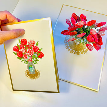 Luxury Sensational Bouquet of Red & Pink Roses in a Vase Embossed in Gold Origami Pop Cards 3D Pop Up Greeting Card Happy Birthday Thank You Handmade Gift Thinking of You Blank Card for Any Occasion Happy Mother's Day Happy Father's Australiana Romantic