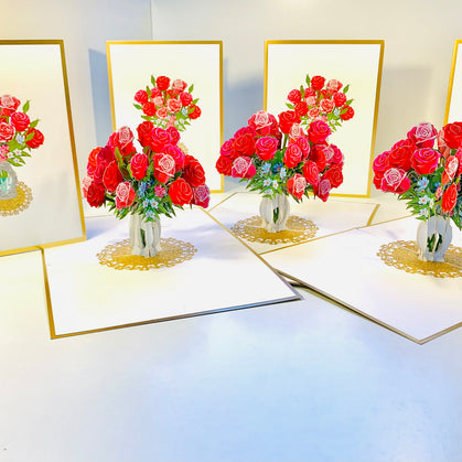 Luxury Sensational Bouquet of Red & Pink Roses in a Vase Embossed in Gold Origami Pop Cards 3D Pop Up Greeting Card Happy Birthday Thank You Handmade Gift Thinking of You Blank Card for Any Occasion Happy Mother's Day Happy Father's Australiana Romantic