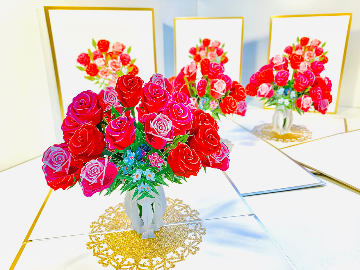 Luxury Sensational Bouquet of Red & Pink Roses in a Vase Embossed in Gold Origami Pop Cards 3D Pop Up Greeting Card Happy Birthday Thank You Handmade Gift Thinking of You Blank Card for Any Occasion Happy Mother's Day Happy Father's Australiana Romantic