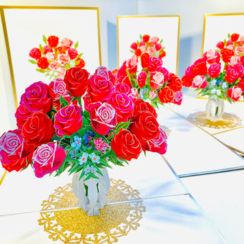Luxury Sensational Bouquet of Red & Pink Roses in a Vase Embossed in Gold Origami Pop Cards 3D Pop Up Greeting Card Happy Birthday Thank You Handmade Gift Thinking of You Blank Card for Any Occasion Happy Mother's Day Happy Father's Australiana Romantic