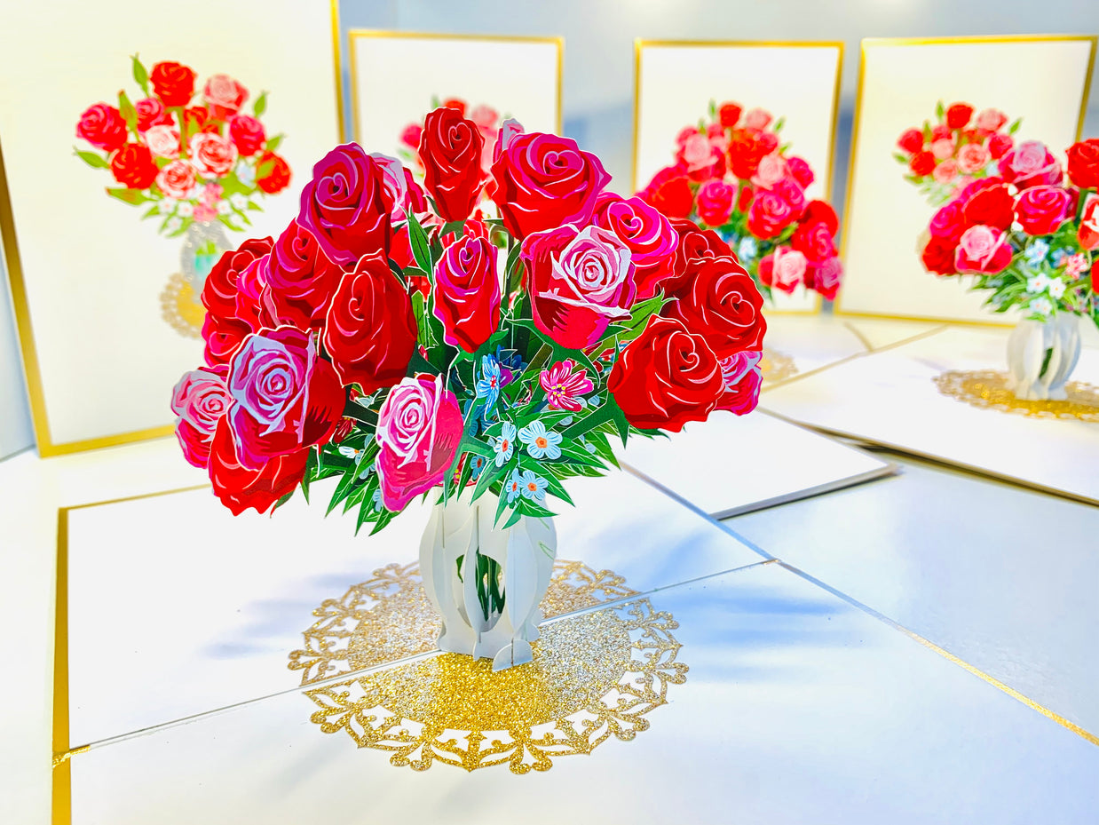 Luxury Sensational Bouquet of Red & Pink Roses in a Vase Embossed in Gold Origami Pop Cards 3D Pop Up Greeting Card Happy Birthday Thank You Handmade Gift Thinking of You Blank Card for Any Occasion Happy Mother's Day Happy Father's Australiana Romantic