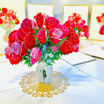 Luxury Sensational Bouquet of Red & Pink Roses in a Vase Embossed in Gold Origami Pop Cards 3D Pop Up Greeting Card Happy Birthday Thank You Handmade Gift Thinking of You Blank Card for Any Occasion Happy Mother's Day Happy Father's Australiana Romantic