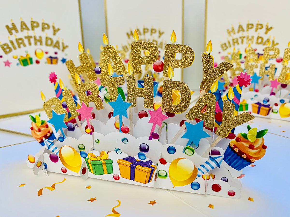 Luxury Gold Happy Birthday with Presents Origami Pop Cards 3D Pop Up Greeting Card Thank You Handmade Gift Thinking of You Happy Birthday Occasion Australiana Celebrate the Beauty and Happiness During Special Day Best Wishes Gift