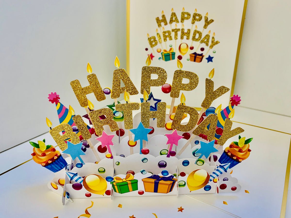 Luxury Gold Happy Birthday with Presents Origami Pop Cards 3D Pop Up Greeting Card Thank You Handmade Gift Thinking of You Happy Birthday Occasion Australiana Celebrate the Beauty and Happiness During Special Day Best Wishes Gift