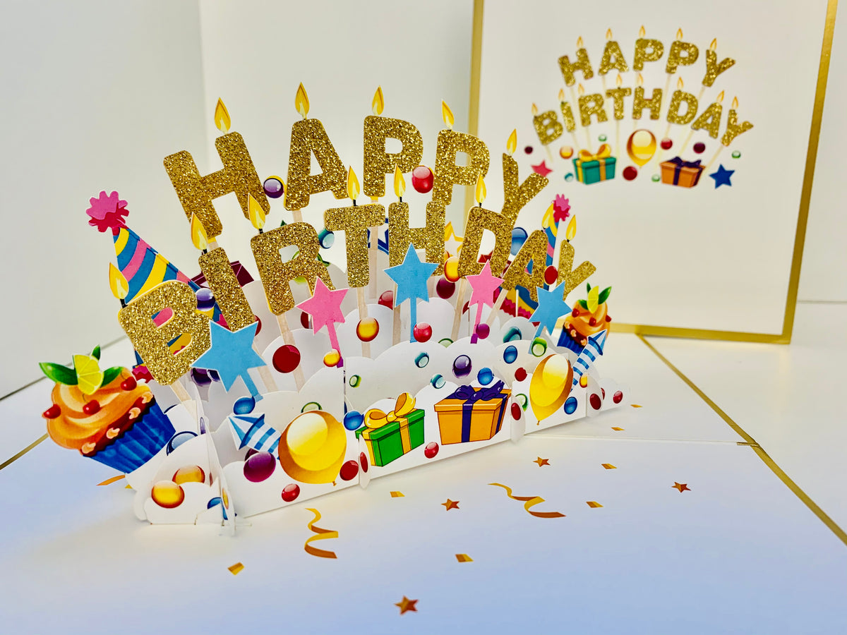 Luxury Gold Happy Birthday with Presents Origami Pop Cards 3D Pop Up Greeting Card Thank You Handmade Gift Thinking of You Happy Birthday Occasion Australiana Celebrate the Beauty and Happiness During Special Day Best Wishes Gift
