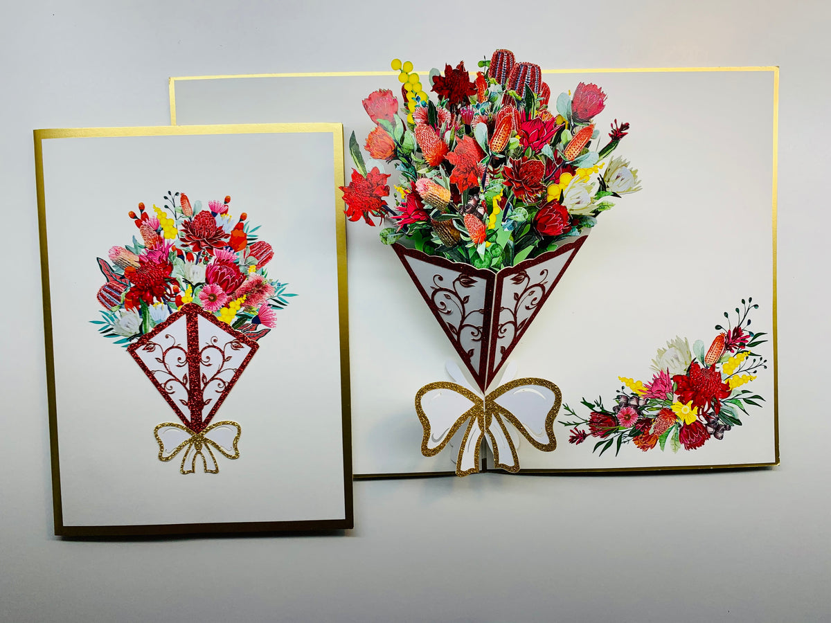 Luxury Australian Native Bouquet of Flowers Embossed Origami Pop Cards 3D Pop Up Greeting Card Happy Birthday Thank You Handmade Gift Thinking of You Blank Card for Any Occasion Happy Mother's Day Happy Father's Australiana Celebrate the Beauty of Flower