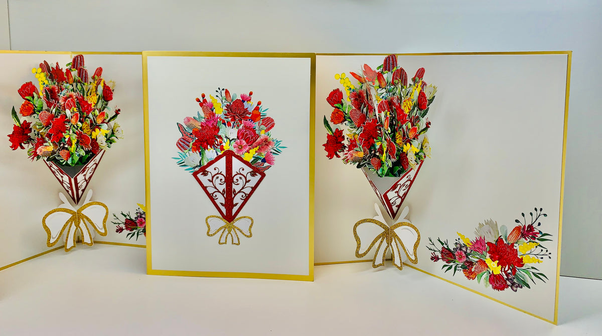 Luxury Australian Native Bouquet of Flowers Embossed Origami Pop Cards 3D Pop Up Greeting Card Happy Birthday Thank You Handmade Gift Thinking of You Blank Card for Any Occasion Happy Mother's Day Happy Father's Australiana Celebrate the Beauty of Flower