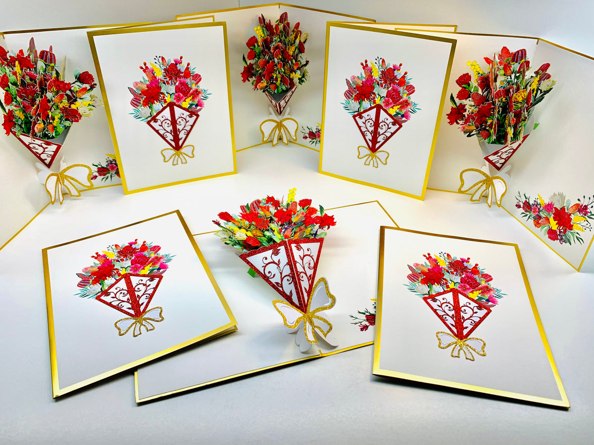 Luxury Australian Native Bouquet of Flowers Embossed Origami Pop Cards 3D Pop Up Greeting Card Happy Birthday Thank You Handmade Gift Thinking of You Blank Card for Any Occasion Happy Mother's Day Happy Father's Australiana Celebrate the Beauty of Flower