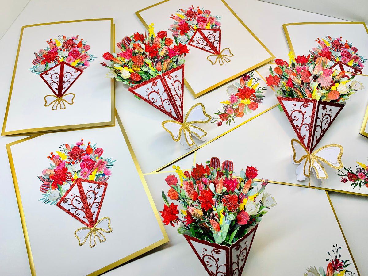 Luxury Australian Native Bouquet of Flowers Embossed Origami Pop Cards 3D Pop Up Greeting Card Happy Birthday Thank You Handmade Gift Thinking of You Blank Card for Any Occasion Happy Mother's Day Happy Father's Australiana Celebrate the Beauty of Flower
