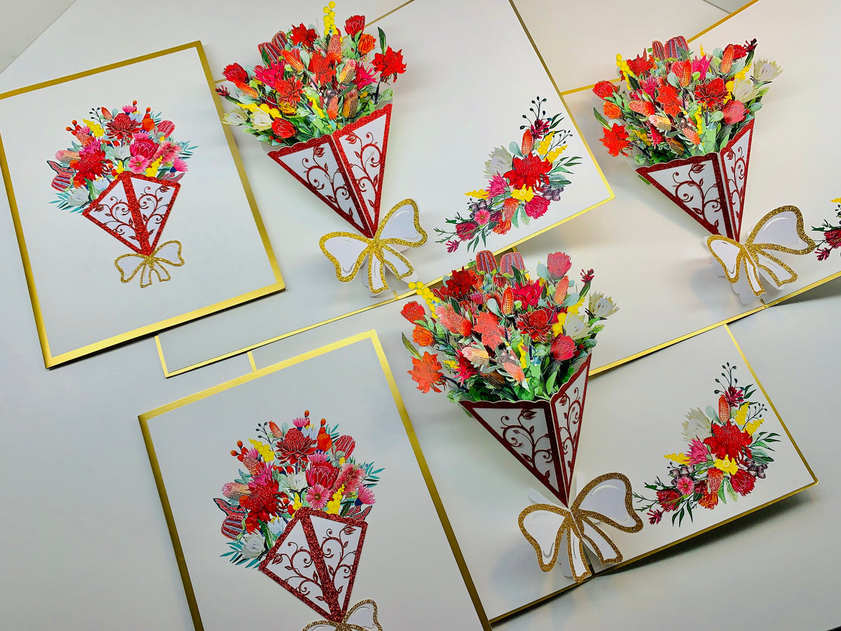 Luxury Australian Native Bouquet of Flowers Embossed Origami Pop Cards 3D Pop Up Greeting Card Happy Birthday Thank You Handmade Gift Thinking of You Blank Card for Any Occasion Happy Mother's Day Happy Father's Australiana Celebrate the Beauty of Flower