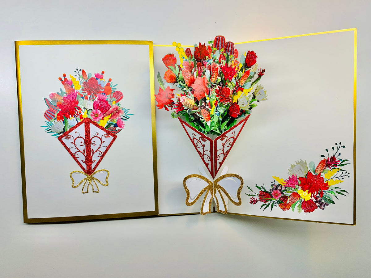 Luxury Australian Native Bouquet of Flowers Embossed Origami Pop Cards 3D Pop Up Greeting Card Happy Birthday Thank You Handmade Gift Thinking of You Blank Card for Any Occasion Happy Mother's Day Happy Father's Australiana Celebrate the Beauty of Flower