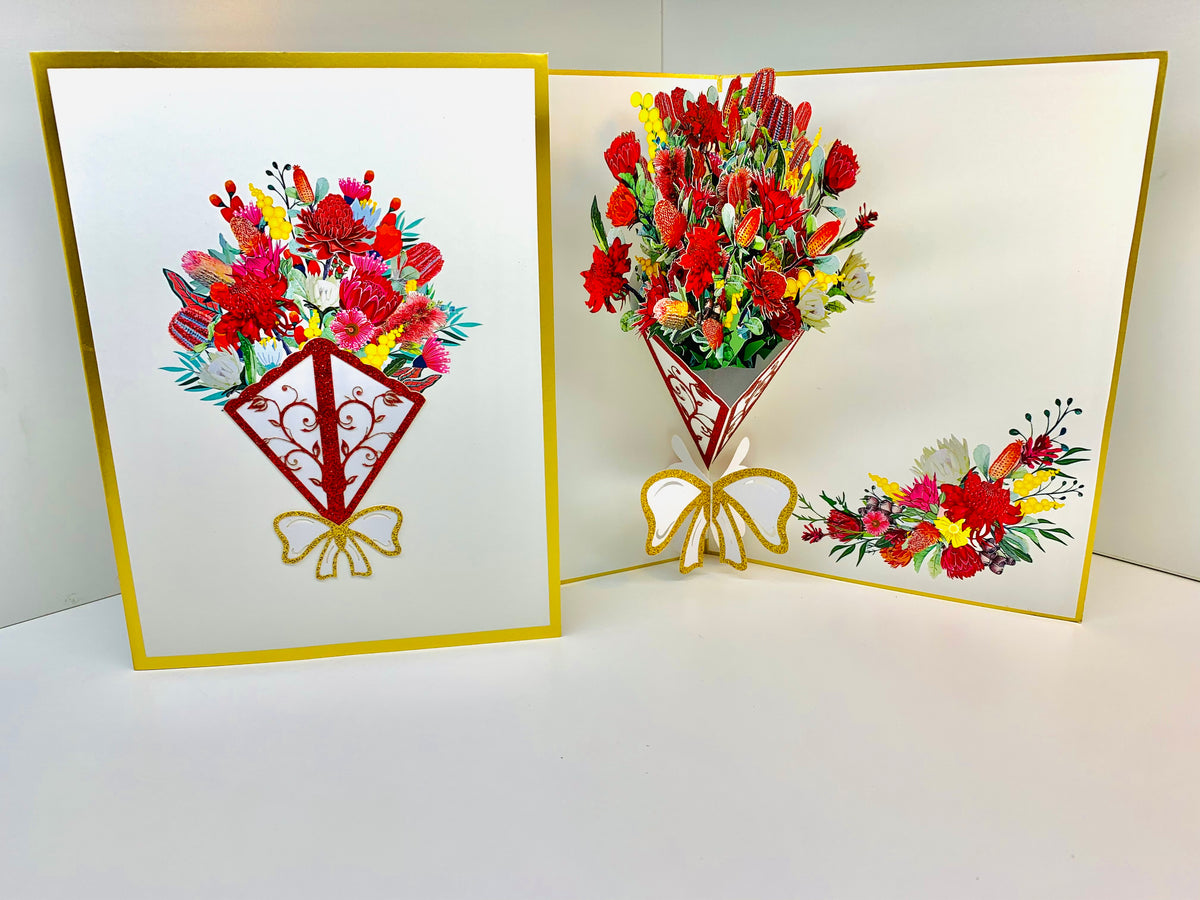 Luxury Australian Native Bouquet of Flowers Embossed Origami Pop Cards 3D Pop Up Greeting Card Happy Birthday Thank You Handmade Gift Thinking of You Blank Card for Any Occasion Happy Mother's Day Happy Father's Australiana Celebrate the Beauty of Flower