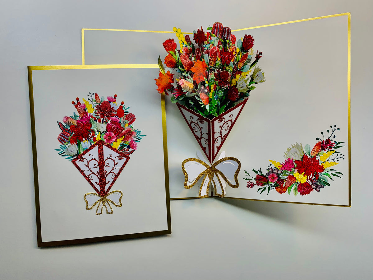 Luxury Australian Native Bouquet of Flowers Embossed Origami Pop Cards 3D Pop Up Greeting Card Happy Birthday Thank You Handmade Gift Thinking of You Blank Card for Any Occasion Happy Mother's Day Happy Father's Australiana Celebrate the Beauty of Flower