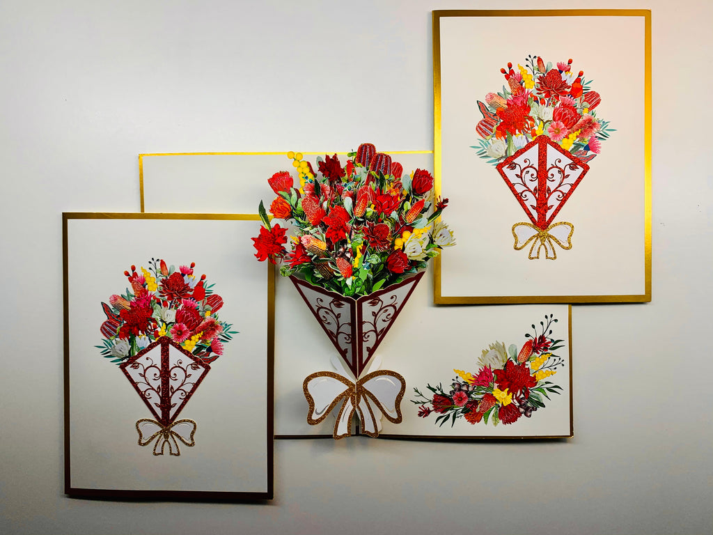 Luxury Australian Native Bouquet of Flowers Embossed Origami Pop Cards 3D Pop Up Greeting Card Happy Birthday Thank You Handmade Gift Thinking of You Blank Card for Any Occasion Happy Mother's Day Happy Father's Australiana Celebrate the Beauty of Flower