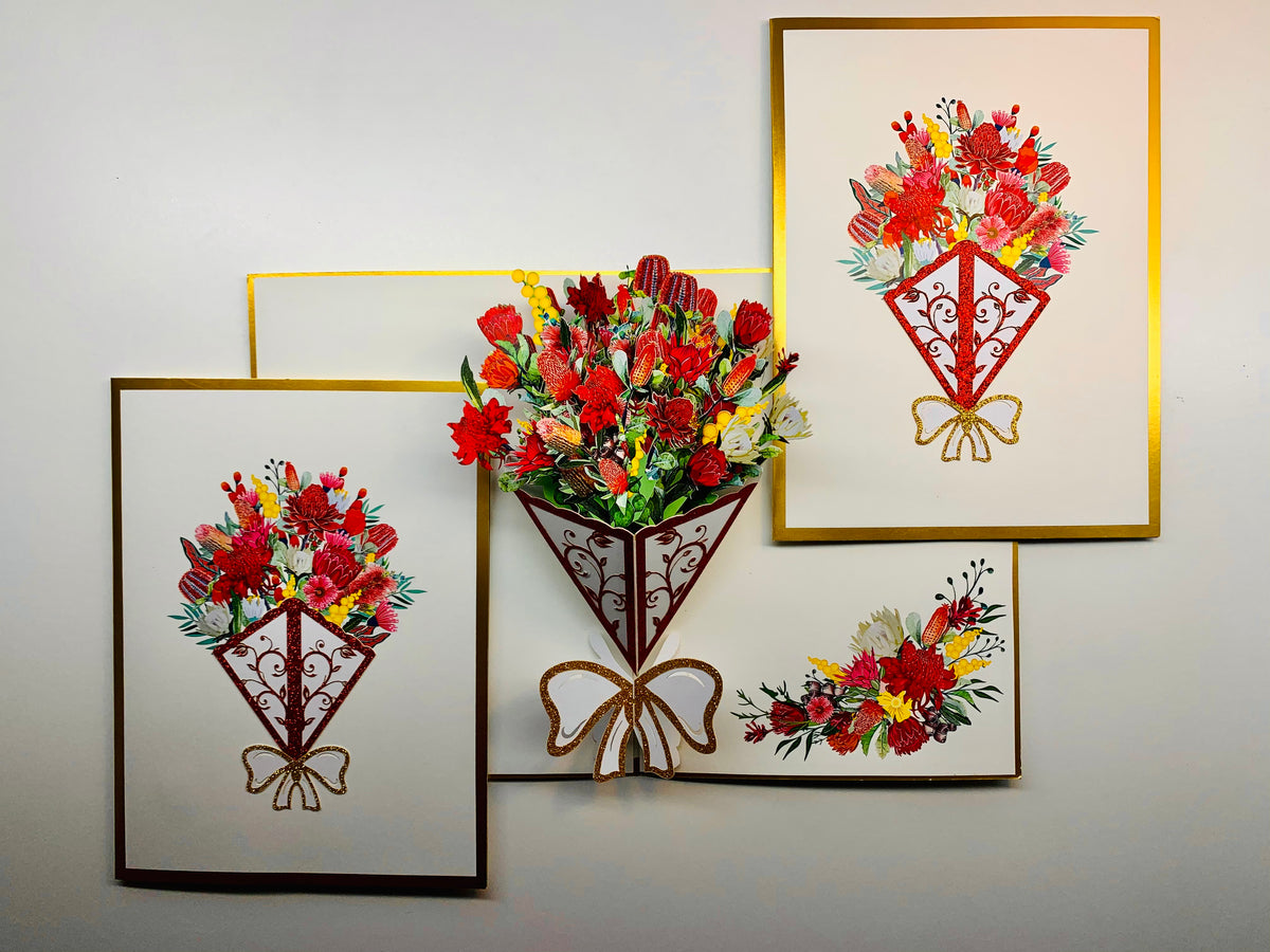 Luxury Australian Native Bouquet of Flowers Embossed Origami Pop Cards 3D Pop Up Greeting Card Happy Birthday Thank You Handmade Gift Thinking of You Blank Card for Any Occasion Happy Mother's Day Happy Father's Australiana Celebrate the Beauty of Flower