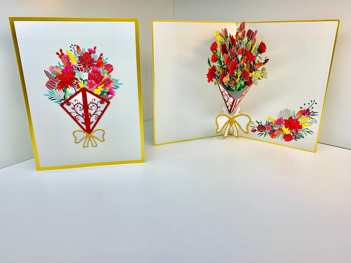 Luxury Australian Native Bouquet of Flowers Embossed Origami Pop Cards 3D Pop Up Greeting Card Happy Birthday Thank You Handmade Gift Thinking of You Blank Card for Any Occasion Happy Mother's Day Happy Father's Australiana Celebrate the Beauty of Flower