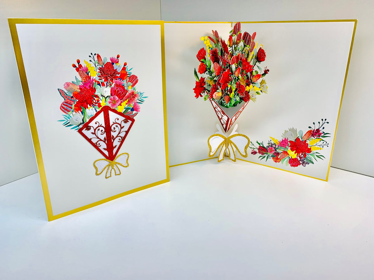 Luxury Australian Native Bouquet of Flowers Embossed Origami Pop Cards 3D Pop Up Greeting Card Happy Birthday Thank You Handmade Gift Thinking of You Blank Card for Any Occasion Happy Mother's Day Happy Father's Australiana Celebrate the Beauty of Flower