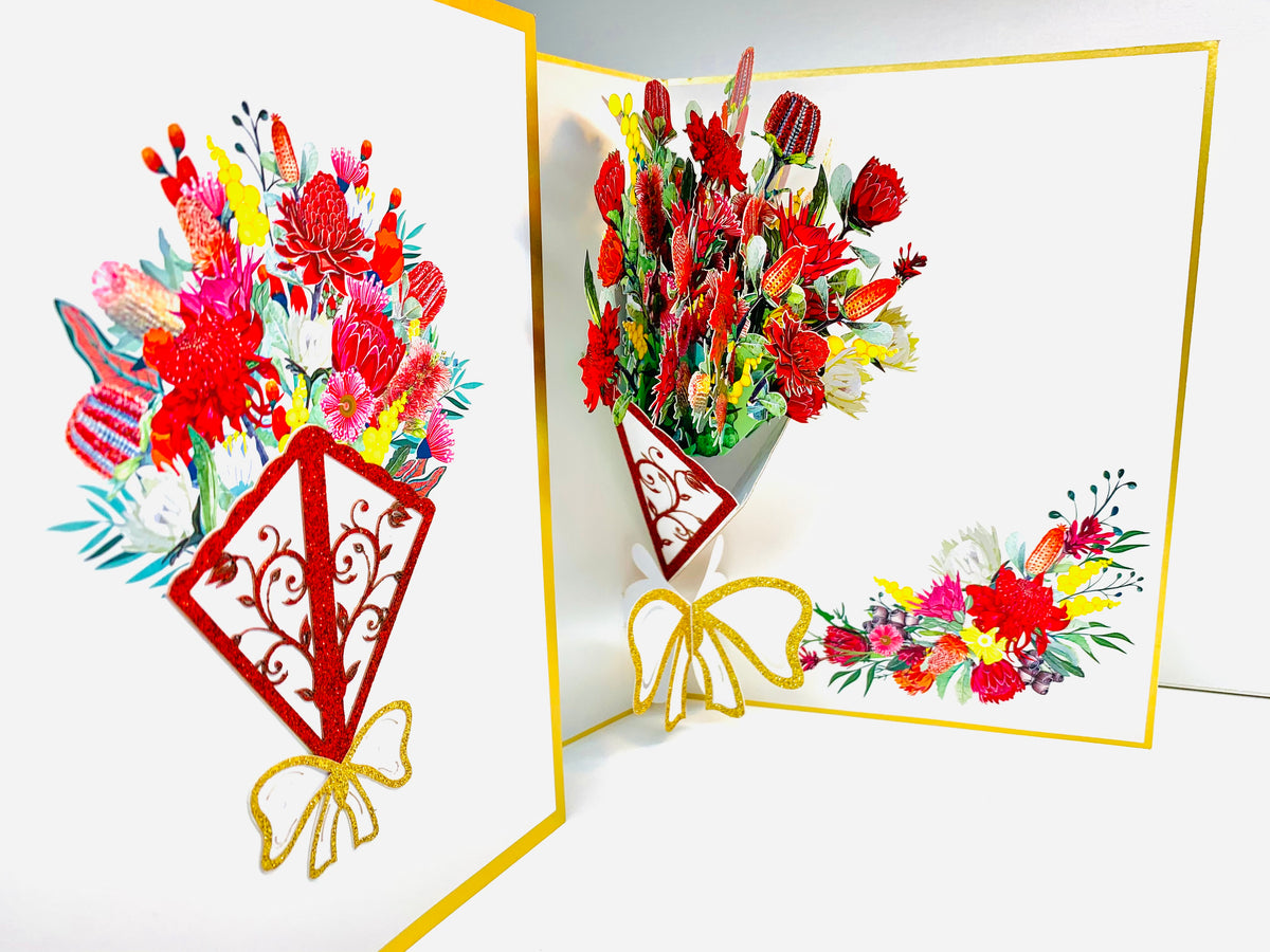 Luxury Australian Native Bouquet of Flowers Embossed Origami Pop Cards 3D Pop Up Greeting Card Happy Birthday Thank You Handmade Gift Thinking of You Blank Card for Any Occasion Happy Mother's Day Happy Father's Australiana Celebrate the Beauty of Flower