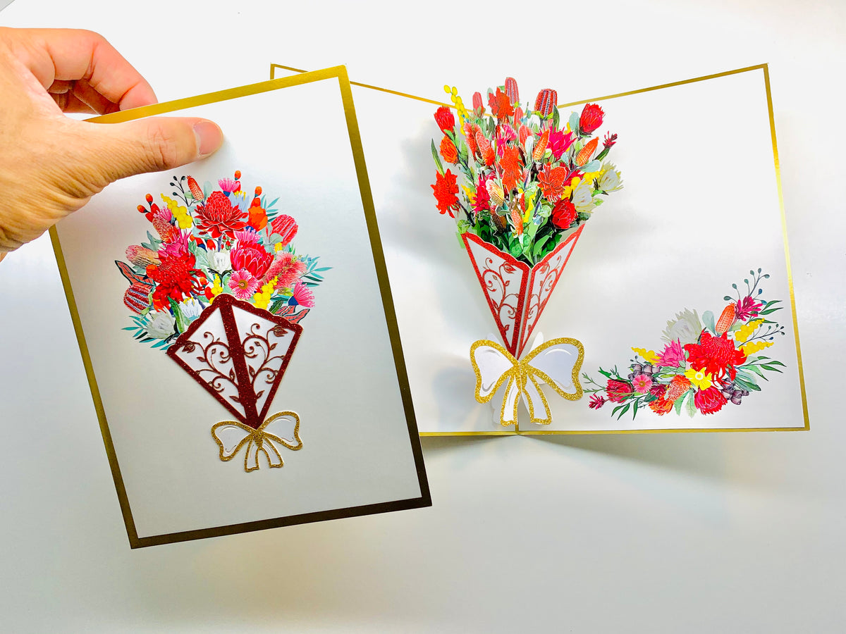 Luxury Australian Native Bouquet of Flowers Embossed Origami Pop Cards 3D Pop Up Greeting Card Happy Birthday Thank You Handmade Gift Thinking of You Blank Card for Any Occasion Happy Mother's Day Happy Father's Australiana Celebrate the Beauty of Flower