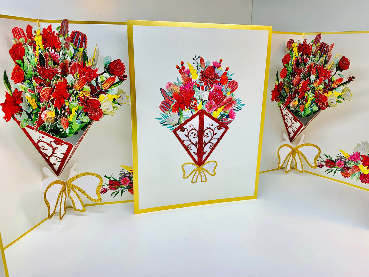Luxury Australian Native Bouquet of Flowers Embossed Origami Pop Cards 3D Pop Up Greeting Card Happy Birthday Thank You Handmade Gift Thinking of You Blank Card for Any Occasion Happy Mother's Day Happy Father's Australiana Celebrate the Beauty of Flower