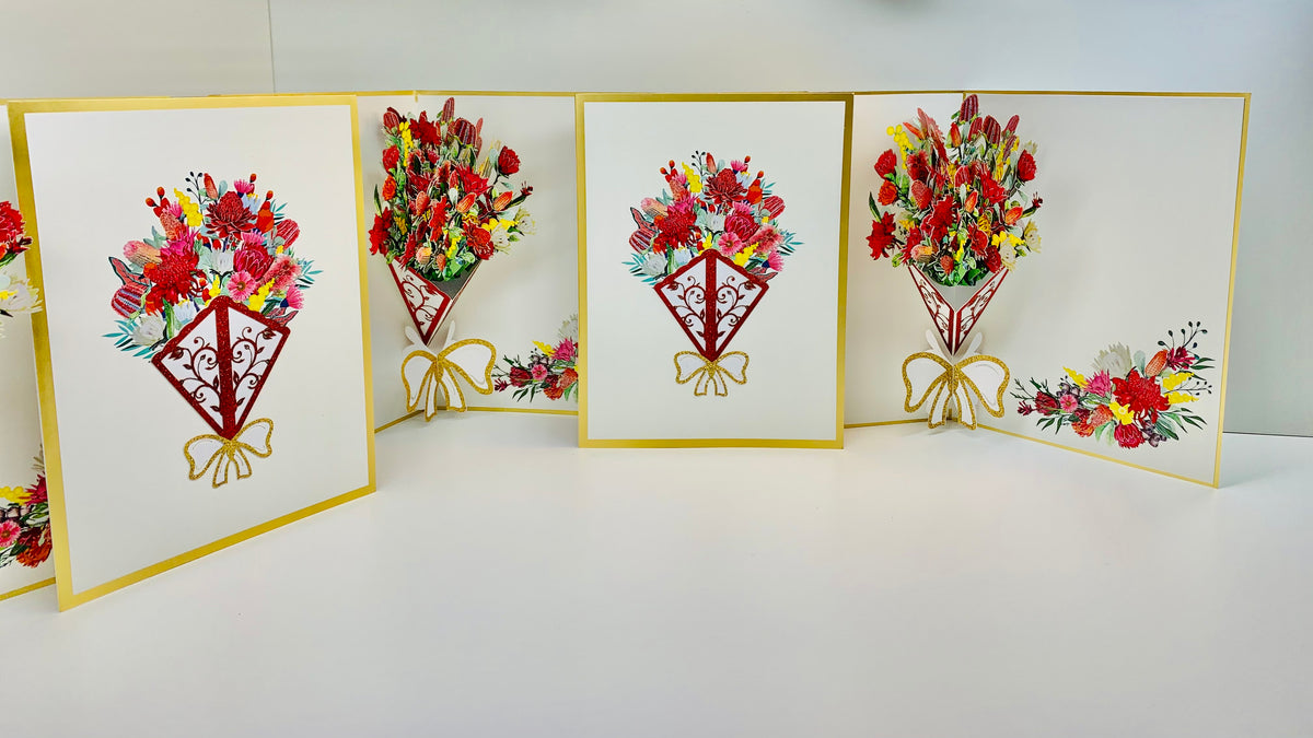 Luxury Australian Native Bouquet of Flowers Embossed Origami Pop Cards 3D Pop Up Greeting Card Happy Birthday Thank You Handmade Gift Thinking of You Blank Card for Any Occasion Happy Mother's Day Happy Father's Australiana Celebrate the Beauty of Flower