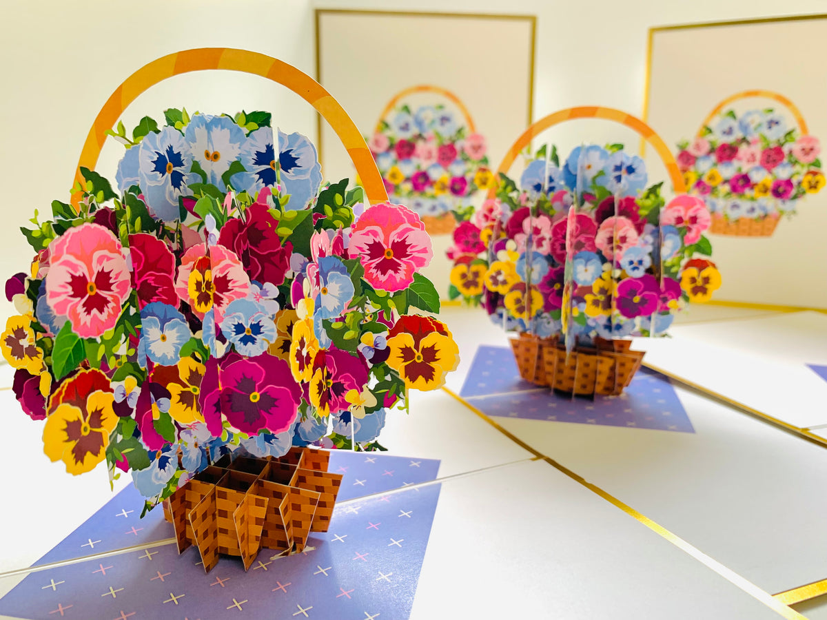 Luxury Gold Embossing Pansies Flower Basket Origami Pop Cards 3D Pop Up Greeting Card Happy Birthday Thank You Handmade Gift Thinking of You Blank Card for Any Occasion Happy Mother's Day Happy Father's Australiana Celebrate the Beauty of Autumn Flowe