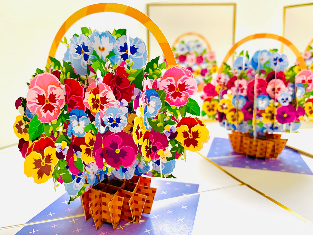 Luxury Gold Embossing Pansies Flower Basket Origami Pop Cards 3D Pop Up Greeting Card Happy Birthday Thank You Handmade Gift Thinking of You Blank Card for Any Occasion Happy Mother's Day Happy Father's Australiana Celebrate the Beauty of Autumn Flowe