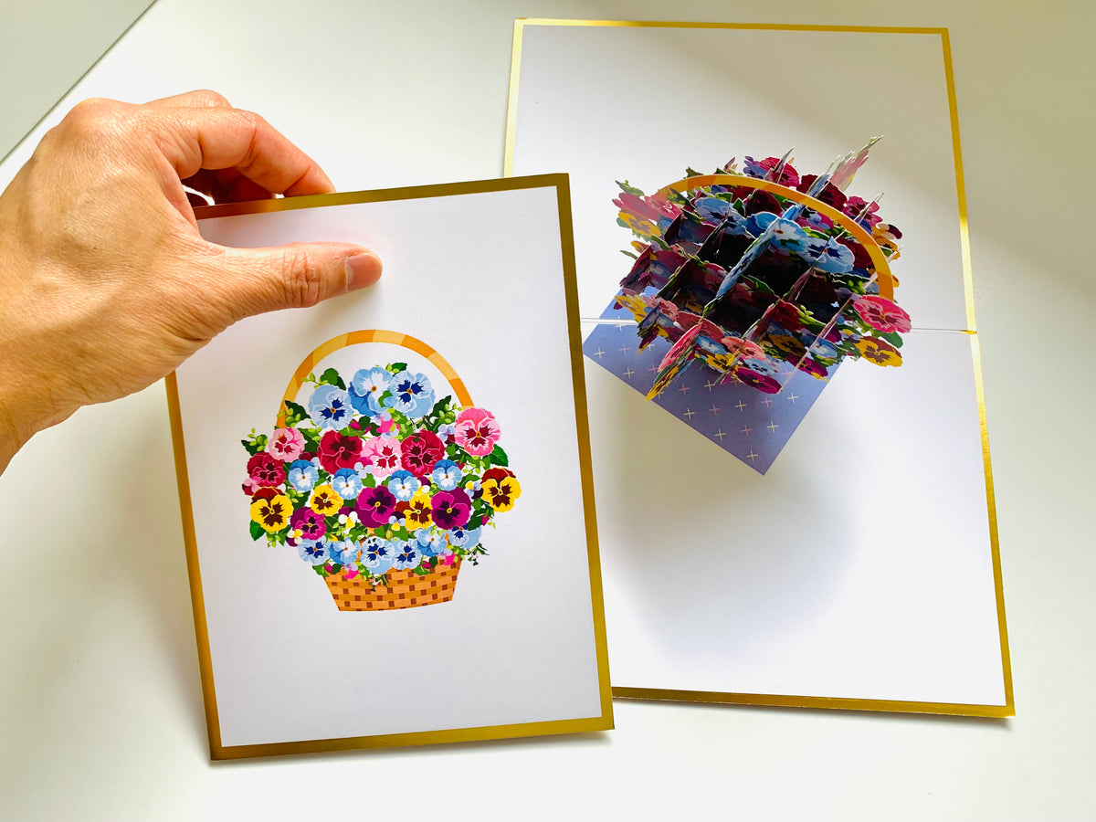 Luxury Gold Embossing Pansies Flower Basket Origami Pop Cards 3D Pop Up Greeting Card Happy Birthday Thank You Handmade Gift Thinking of You Blank Card for Any Occasion Happy Mother's Day Happy Father's Australiana Celebrate the Beauty of Autumn Flowe