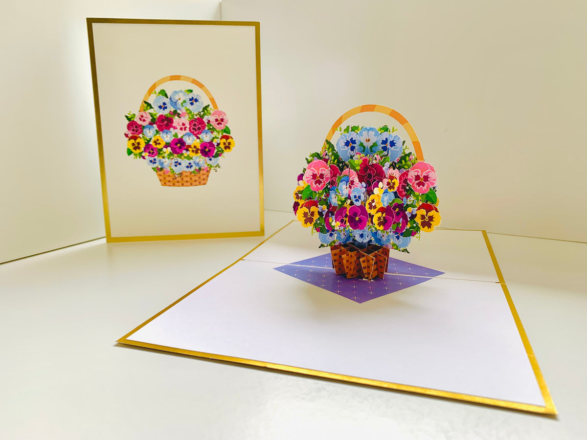 Luxury Gold Embossing Pansies Flower Basket Origami Pop Cards 3D Pop Up Greeting Card Happy Birthday Thank You Handmade Gift Thinking of You Blank Card for Any Occasion Happy Mother's Day Happy Father's Australiana Celebrate the Beauty of Autumn Flowe