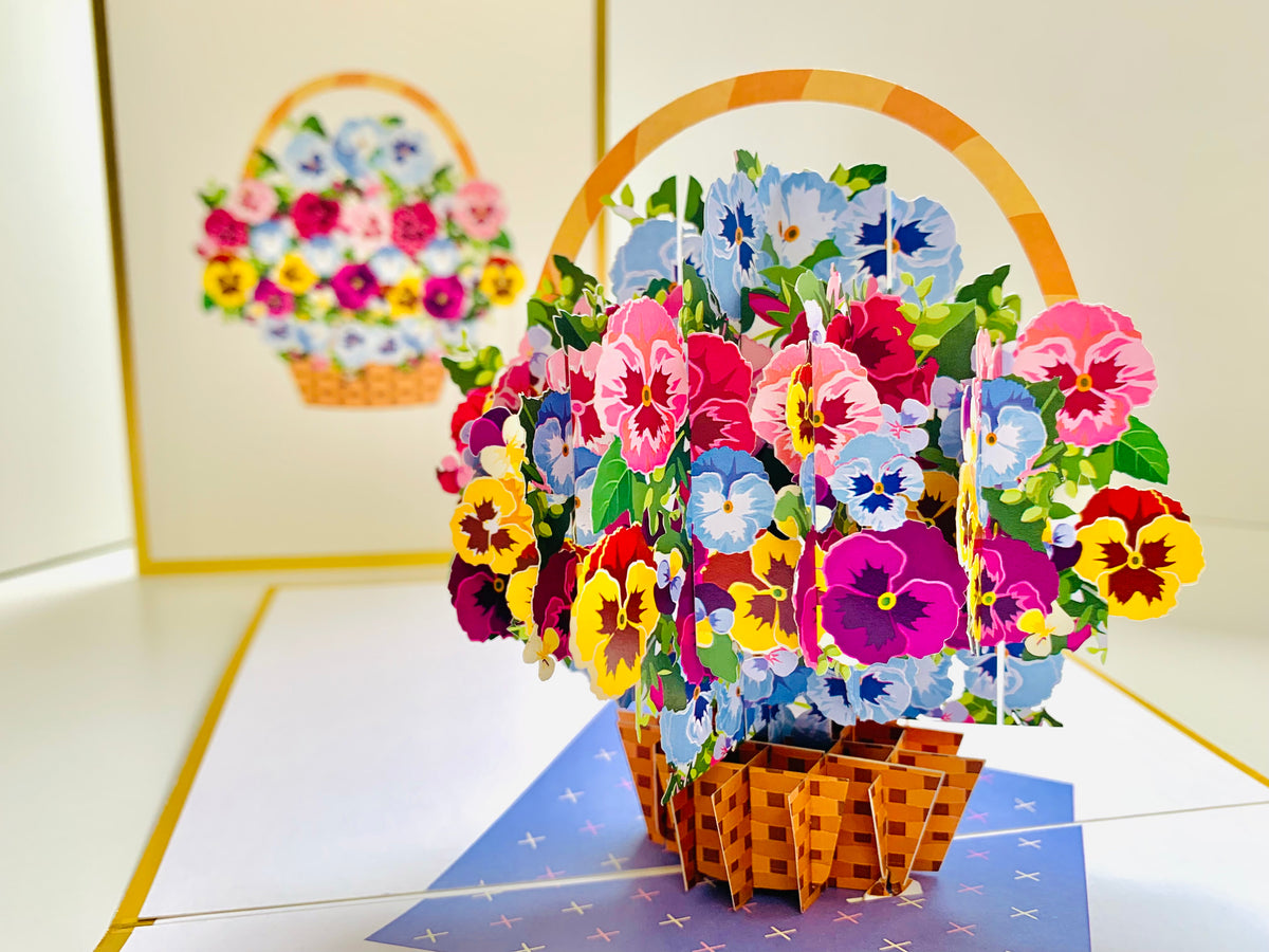 Luxury Gold Embossing Pansies Flower Basket Origami Pop Cards 3D Pop Up Greeting Card Happy Birthday Thank You Handmade Gift Thinking of You Blank Card for Any Occasion Happy Mother's Day Happy Father's Australiana Celebrate the Beauty of Autumn Flowe