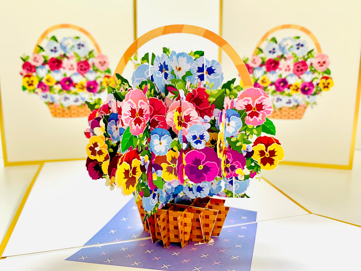 Luxury Gold Embossing Pansies Flower Basket Origami Pop Cards 3D Pop Up Greeting Card Happy Birthday Thank You Handmade Gift Thinking of You Blank Card for Any Occasion Happy Mother's Day Happy Father's Australiana Celebrate the Beauty of Autumn Flowe