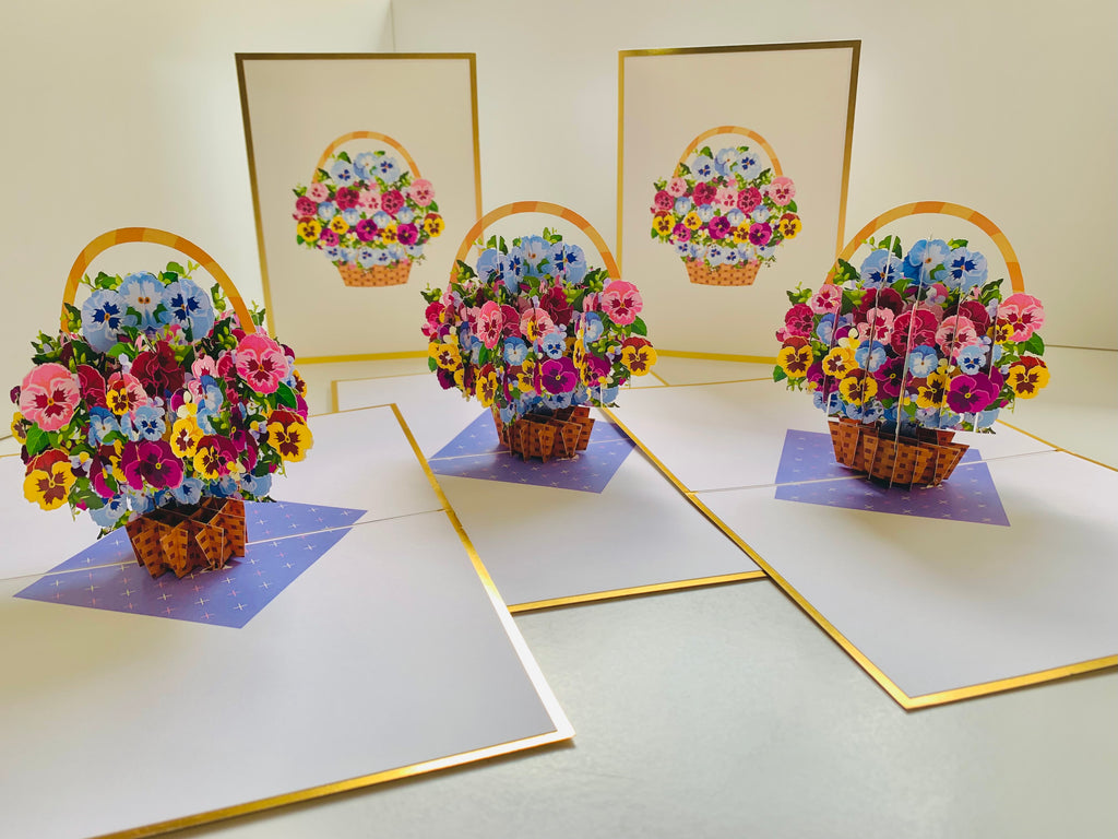 Luxury Gold Embossing Pansies Flower Basket Origami Pop Cards 3D Pop Up Greeting Card Happy Birthday Thank You Handmade Gift Thinking of You Blank Card for Any Occasion Happy Mother's Day Happy Father's Australiana Celebrate the Beauty of Autumn Flowe